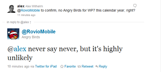 L'application Angry Birds (jeu) ne sera pas disponible pour Windows Phone 7 en 2010